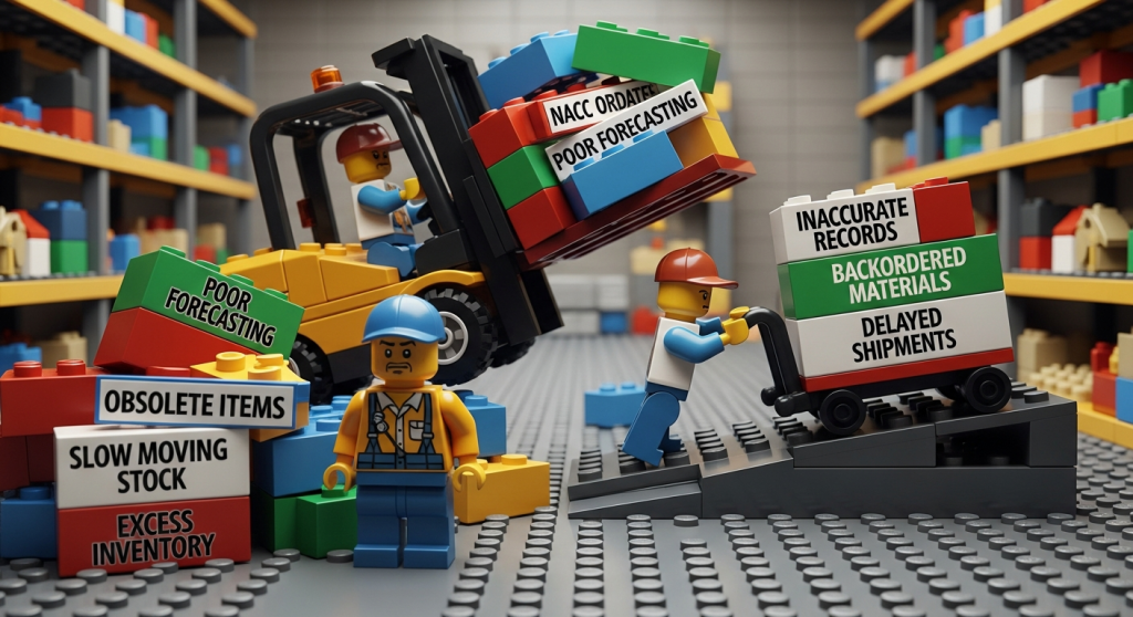 LEGO warehouse scene showing inventory issues like “excess inventory,” “poor forecasting,” and “backordered materials” stacked on boxes and carts. A forklift and pallet jack struggle with overloaded items. The image highlights common factors that reduce inventory turnover and shows how CyberStockroom improves visibility to address them early.