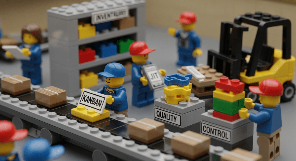 A detailed LEGO factory scene shows workers applying Lean principles like Kanban and Just-in-Time (JIT) next to labeled stations for quality and control. Inventory bins and barcode-labeled boxes roll through the line. CyberStockroom complements lean operations by offering real-time visibility across warehouse and jobsite inventory, enhancing control over stock levels and replenishment timing.