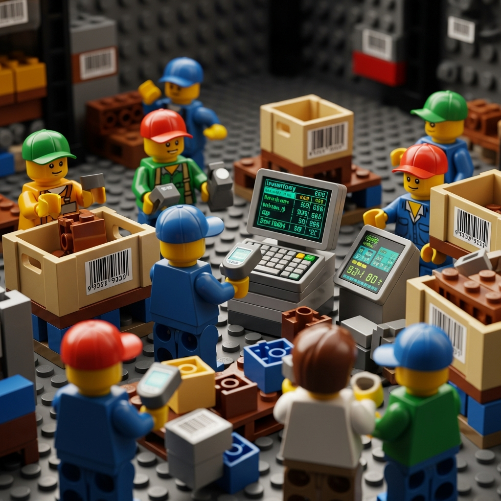 LEGO-style warehouse scene with barcode scanners and inventory screens showing mismatched data. Visual representation of inventory inaccuracies and the importance of real-time tracking with CyberStockroom.