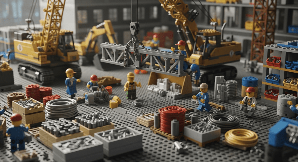 Construction site scene with LEGO figures managing tools, coils, fasteners, and structural components. Visual metaphor for inventory management in construction projects using CyberStockroom’s map-based system.