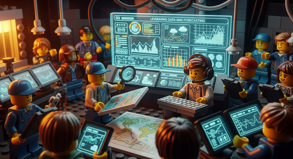 A LEGO style operations control room where workers review digital dashboards, charts, and forecasting screens to plan inventory needs, representing how proactive planning improves accuracy when supported by clear data from CyberStockroom’s visual inventory map and tracking tools.