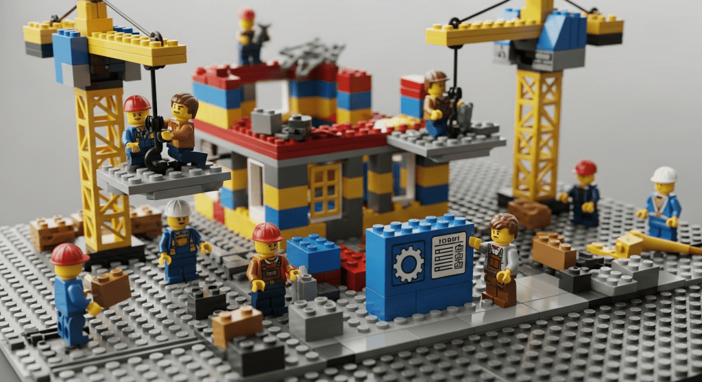 A LEGO construction site shows crews working on a modular building with cranes lifting teams into position. A project manager points to a digital job board, symbolizing dynamic task coordination. With CyberStockroom’s visual inventory zones, materials can be staged strategically so that schedule changes and workarounds don’t stall the build.