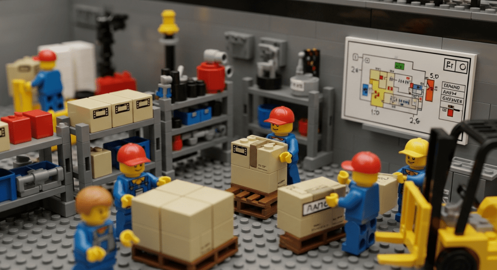 LEGO warehouse team organizing inventory onto shelves and reviewing a wall-mounted layout. Workers move labeled boxes while a forklift operates nearby. A color-coded floor plan suggests structured storage zones. This visual reflects how mapping out storage with tools like CyberStockroom improves inventory visibility and warehouse flow.