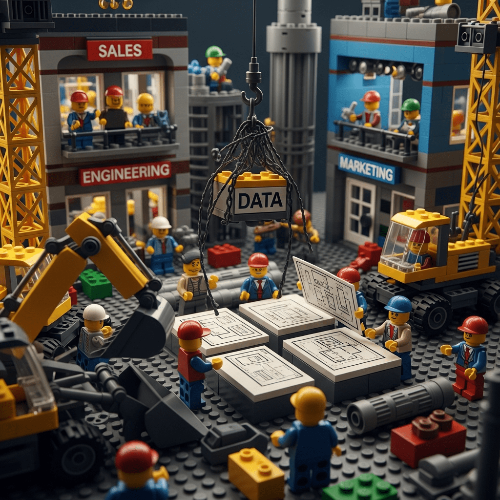LEGO construction scene showing Sales, Engineering, and Marketing teams working in isolation with a central “DATA” block, representing communication gaps and siloed systems. CyberStockroom bridges these gaps with unified inventory visibility across the entire operation.