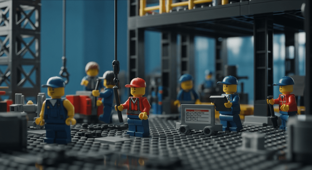 LEGO construction site showing workers with clipboards and tools referencing a project schedule. Visual metaphor for project scheduling and resource planning in construction, supported by CyberStockroom’s inventory visibility.