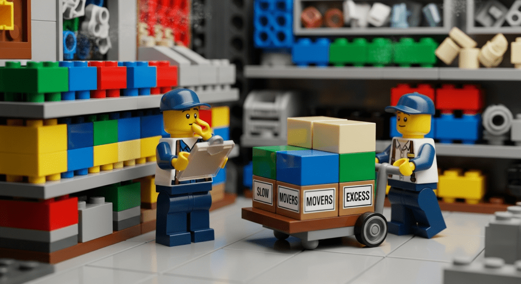 LEGO mini-figures manage a warehouse filled with bins and excess inventory labeled “Slow Movers” and “Excess.” One worker consults a clipboard while another pushes a cart of outdated stock. CyberStockroom’s inventory map makes it simple to review storage zones, isolate low-turnover items, and improve visibility across the entire inventory lifecycle.
