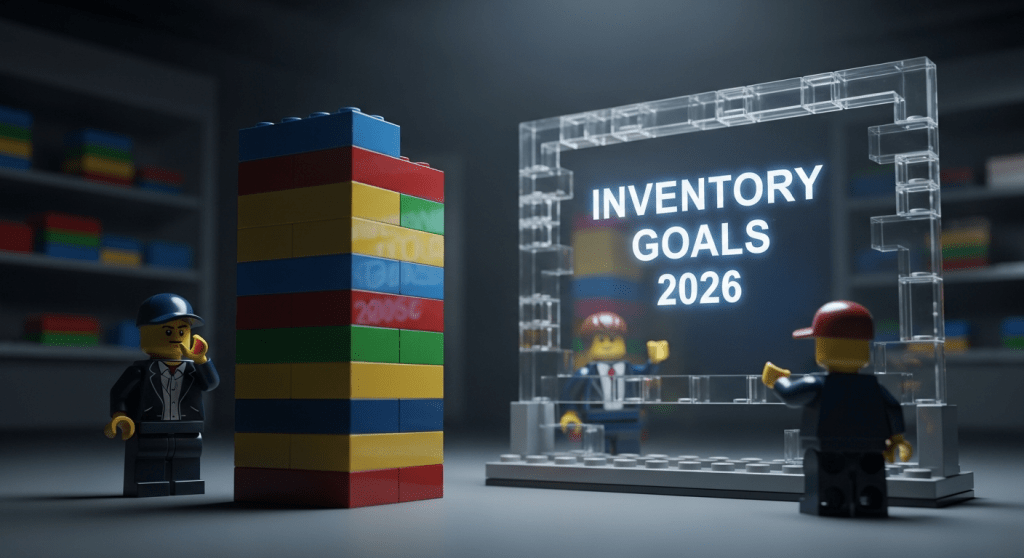 LEGO warehouse characters plan their 2026 inventory goals in front of a transparent digital screen. A colorful building block tower represents strategic planning, goal setting, and structured inventory control for the coming year.
