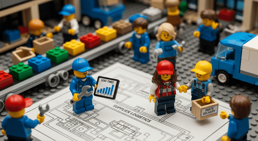 LEGO mini-figures in a factory scene discuss lead time challenges over a layout labeled “Supplier Logistics.” A digital chart and labeled delivery boxes highlight sourcing and replenishment concerns. CyberStockroom’s inventory mapping system enhances supplier communication by pinpointing locations for incoming parts, tracking delays, and improving visibility over distributed inventory.