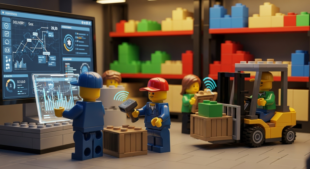 A group of LEGO workers in a warehouse use digital dashboards, barcode scanners, and mobile devices to track stock and monitor performance metrics. One screen displays delivery analytics while another shows fluctuating inventory trends. This high-tech setup emphasizes the importance of data-driven inventory management. CyberStockroom enhances this process through a visual map that displays stock levels, zone activity, and inventory movement for better control and transparency.