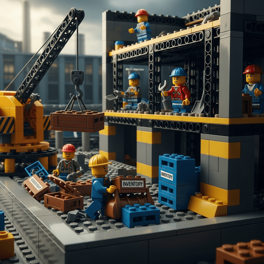 LEGO construction workers dealing with scattered and misplaced inventory blocks, illustrating the common challenges of theft, loss, and mishandling on job sites. CyberStockroom helps prevent these issues with detailed inventory maps and location tracking.