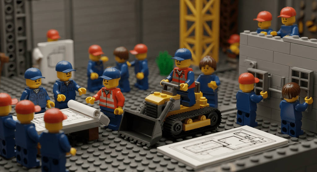 LEGO-style training session at a busy construction site: team leads review blueprints with crew members while others operate a bulldozer and install windows. The image reflects standardized workflows and team alignment. Useful for illustrating how CyberStockroom improves team coordination through map-based inventory training and visual clarity.