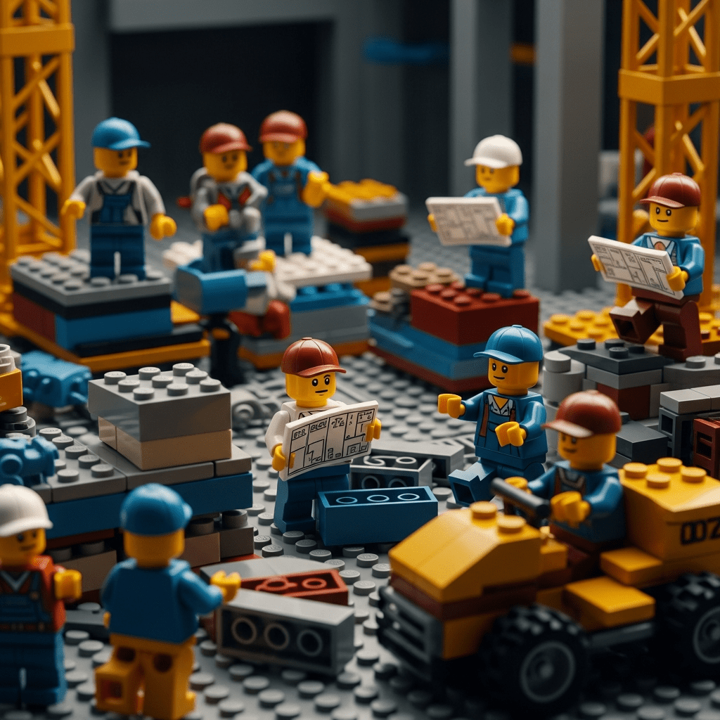 LEGO-style construction crew adapting to last-minute blueprint changes, illustrating the challenges of managing fluctuating material demand and evolving project scopes. Perfect visual for inventory and project scheduling issues in construction, solved with CyberStockroom’s visual map system.