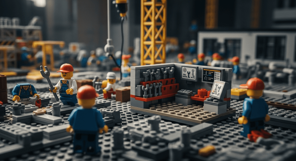 LEGO workers managing tools at a central workstation filled with organized wrenches and digital monitors. One worker holds a tool while others gather nearby. A designated tool zone stands out from the surrounding construction activity, symbolizing how digital tool tracking systems like CyberStockroom bring structure and visibility to busy job sites.