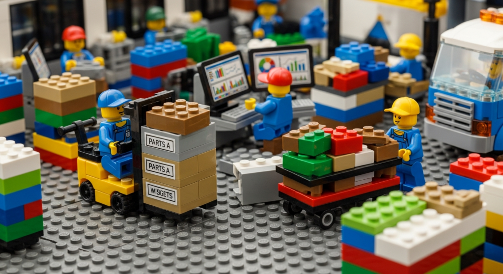 A vibrant LEGO-style manufacturing scene shows forklifts moving labeled parts, workers pushing carts, and team members analyzing inventory charts on monitors. It captures how inventory turnover affects real-time operations, not just balance sheets—highlighting the speed of parts flow, space usage, and decision-making.