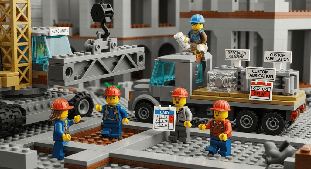 In this LEGO construction scene, a crane operates near workers discussing a project timeline, while a flatbed truck unloads parts labeled with delayed custom components. A supervisor holds up a calendar, visibly concerned. The visual captures the real-world challenge of long lead times in construction, where delays in critical materials can derail the entire schedule. CyberStockroom helps teams track these items more precisely to prevent last-minute surprises.