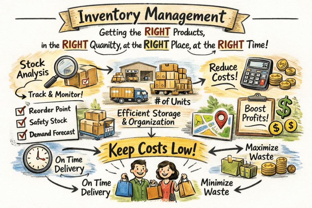 Hand-drawn diagram showing why inventory management is critical, including stock analysis, reorder points, efficient storage, cost control, and waste reduction using CyberStockroom’s visual inventory map and location-based inventory visibility.