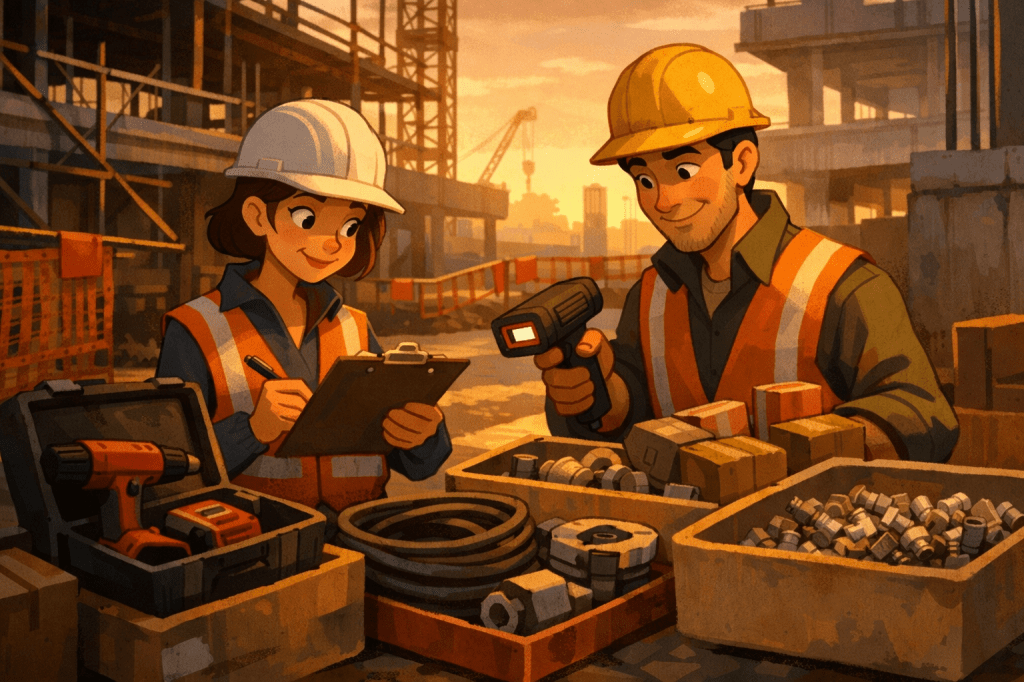 Illustration of construction workers categorizing materials with barcode scanning for ABC analysis, showing how CyberStockroom’s visual inventory map improves inventory visibility across A, B, and C stock.