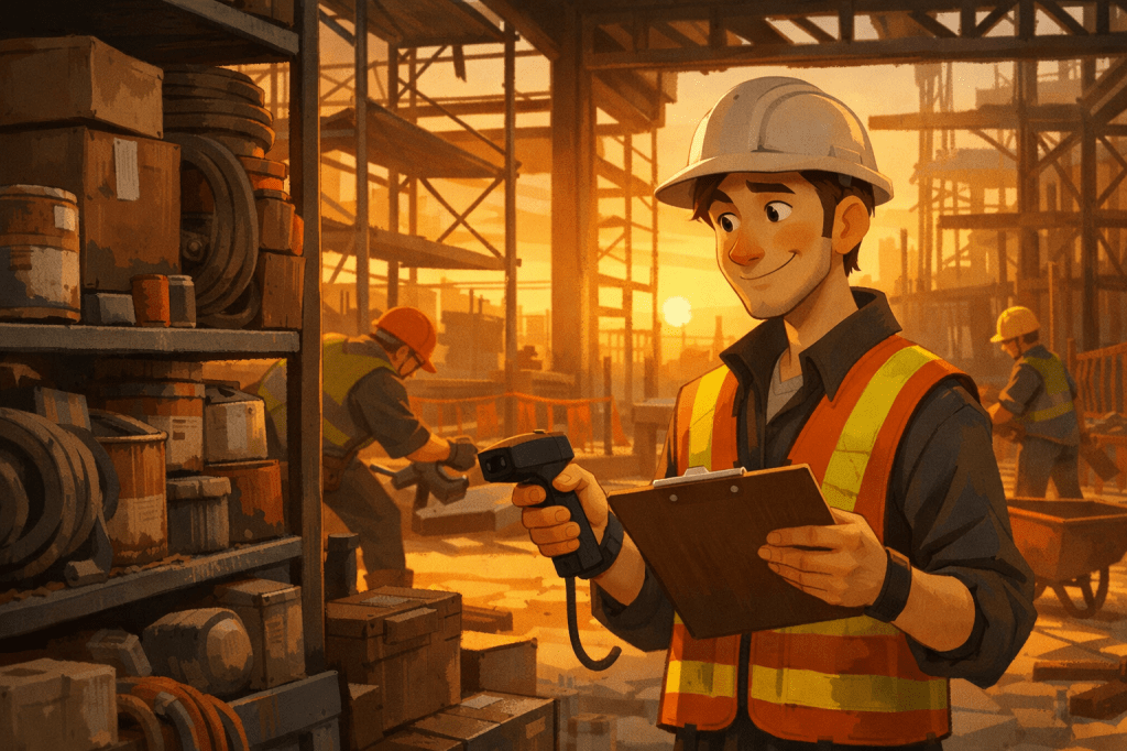 Illustration of a construction site worker scanning shelves of unused materials to identify dead stock, showing how CyberStockroom’s visual inventory map improves inventory visibility and prevents obsolete items from sitting unused.