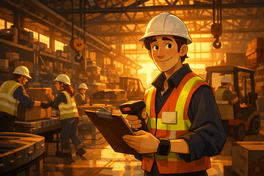 Illustration of a warehouse team scanning and recording stock to monitor inventory KPIs, showing how CyberStockroom’s visual inventory map supports accurate inventory visibility and performance tracking.