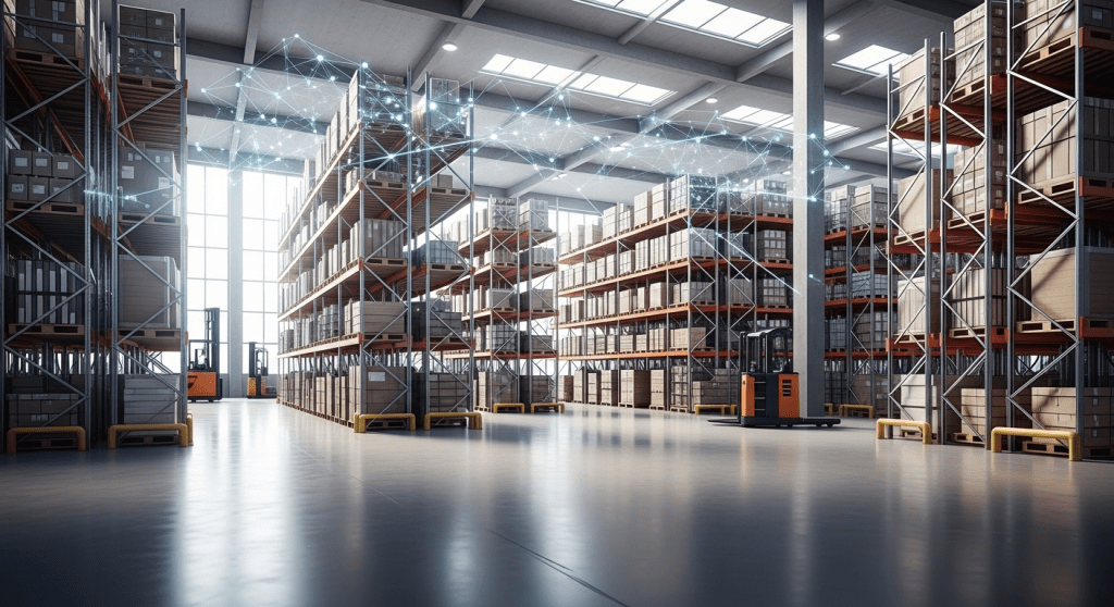 Modern warehouse with tall shelving and network-style visual overlays representing AI-powered forecasting, illustrating how CyberStockroom enhances inventory visibility for better optimization.