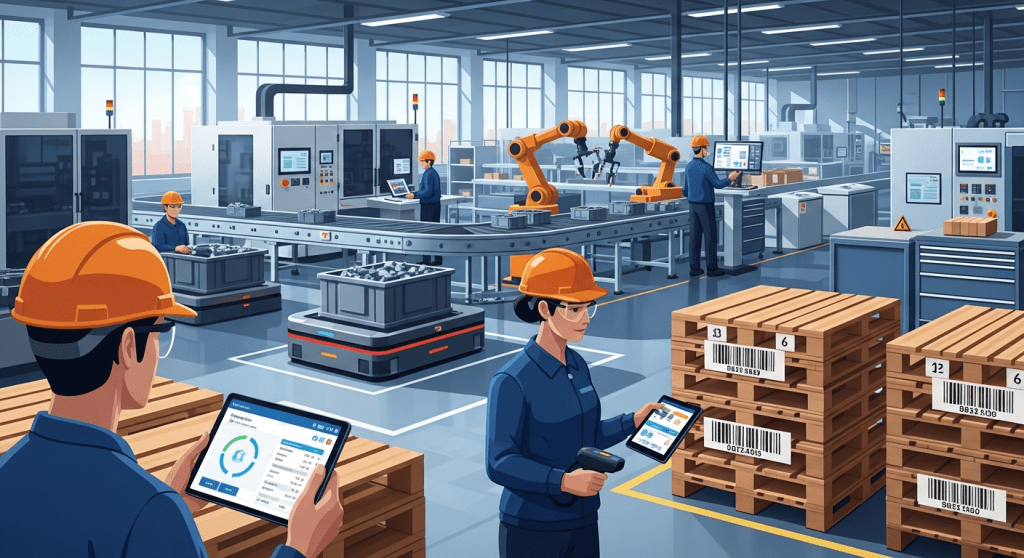 A modern manufacturing floor with workers using tablets and barcode scanners while robots and conveyors move parts in the background. Pallets with barcodes sit in the foreground. The scene highlights organized workflows and accurate tracking, reflecting how CyberStockroom helps teams maintain quality through better inventory control.