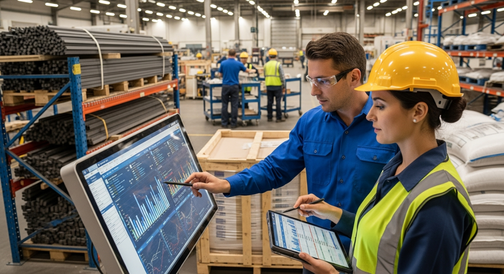 Warehouse managers reviewing real-time demand forecasting and raw material inventory trends