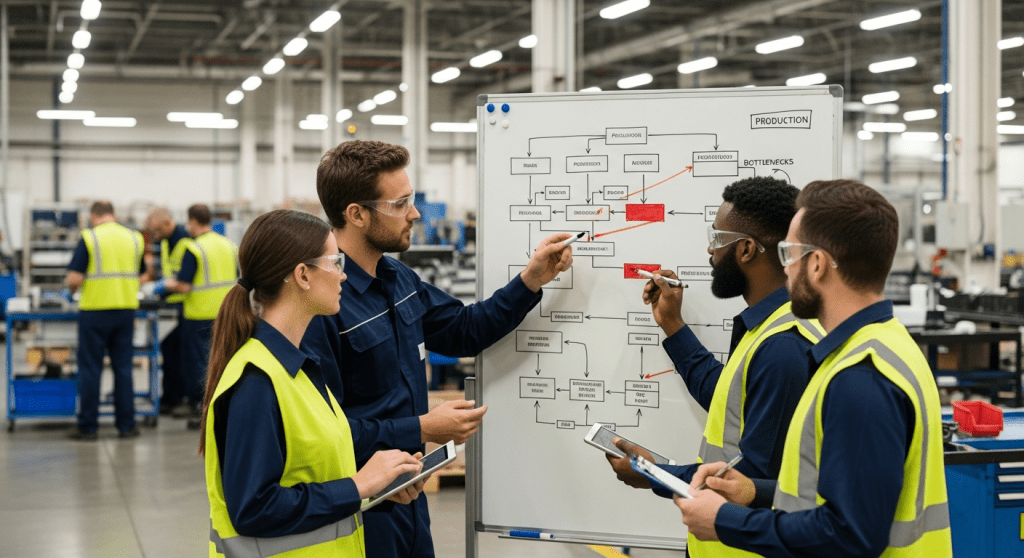 Factory team analyzing work-in-progress workflow on a production board with CyberStockroom Inventory Map supporting accurate WIP tracking and full inventory visibility across the warehouse and shop floor