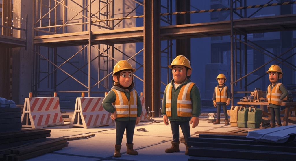 Animated construction crew standing on a job site surrounded by materials and tools, illustrating the challenge of keeping track of everyday consumables; CyberStockroom helps teams map and monitor these items.