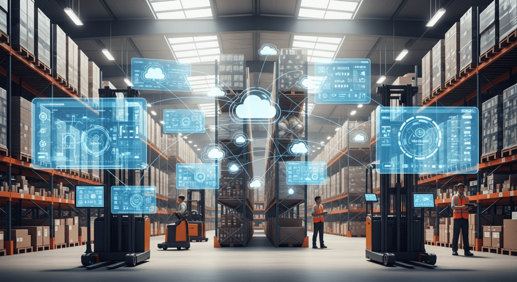 Warehouse environment with cloud-based digital overlays representing real-time inventory connectivity, highlighting CyberStockroom’s cloud platform for live tracking and visibility.