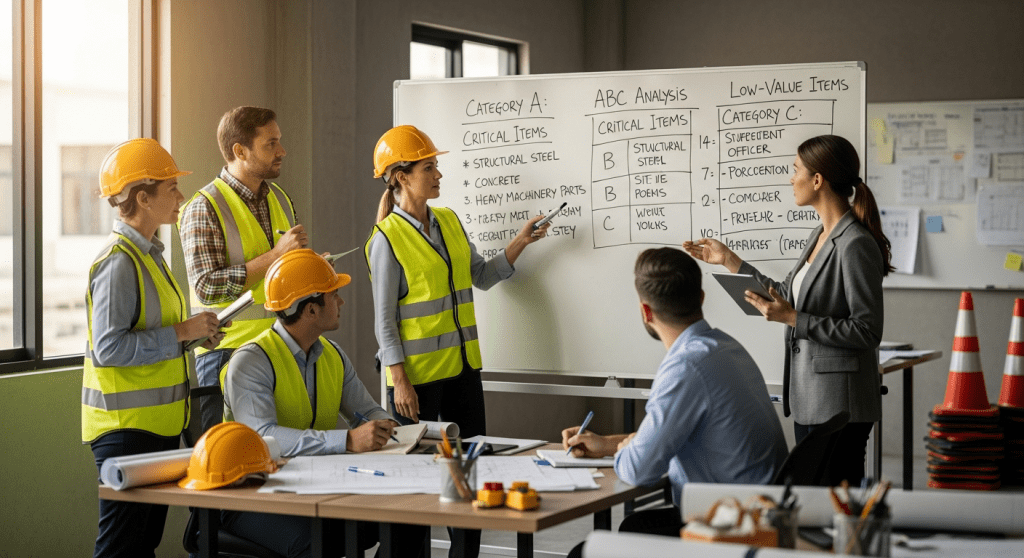 Construction managers and site staff discussing ABC inventory categories, illustrating how CyberStockroom’s visual inventory map helps teams share priorities and maintain clear inventory visibility.