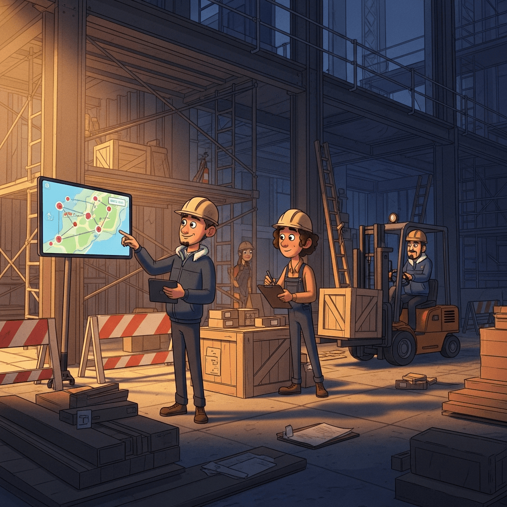 Animated construction workers inside a job site reviewing a large digital map with marked locations, using tablets and clipboards while a forklift operator moves materials in the background. The scene highlights the challenge of coordinating inventory across multiple sites. CyberStockroom enables teams to track materials and supplies across all locations with clear visual maps.