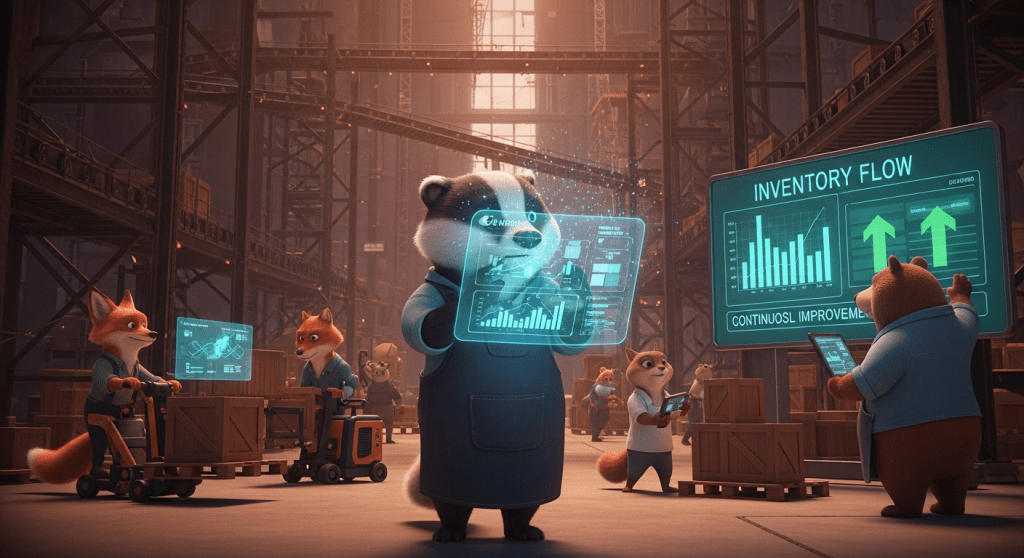 Illustration of warehouse teams using real-time inventory data and performance dashboards, showing how CyberStockroom’s visual inventory map enables data-driven decisions and continuous inventory visibility improvements.