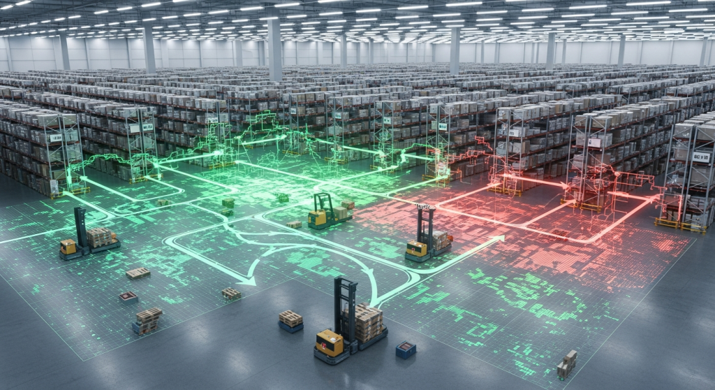 Large warehouse with digital mapping overlays highlighting product movement and storage zones, representing how CyberStockroom provides real-time visual inventory visibility across locations.