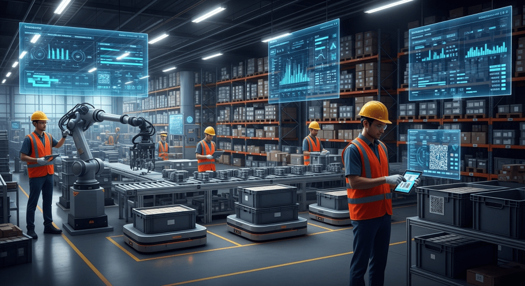 Workers in a high tech warehouse use tablets, scanners, and automated robots to track parts while digital dashboards show traceability and compliance data. The organized workflow reflects how CyberStockroom helps teams maintain clear, accurate visibility across all inventory locations.