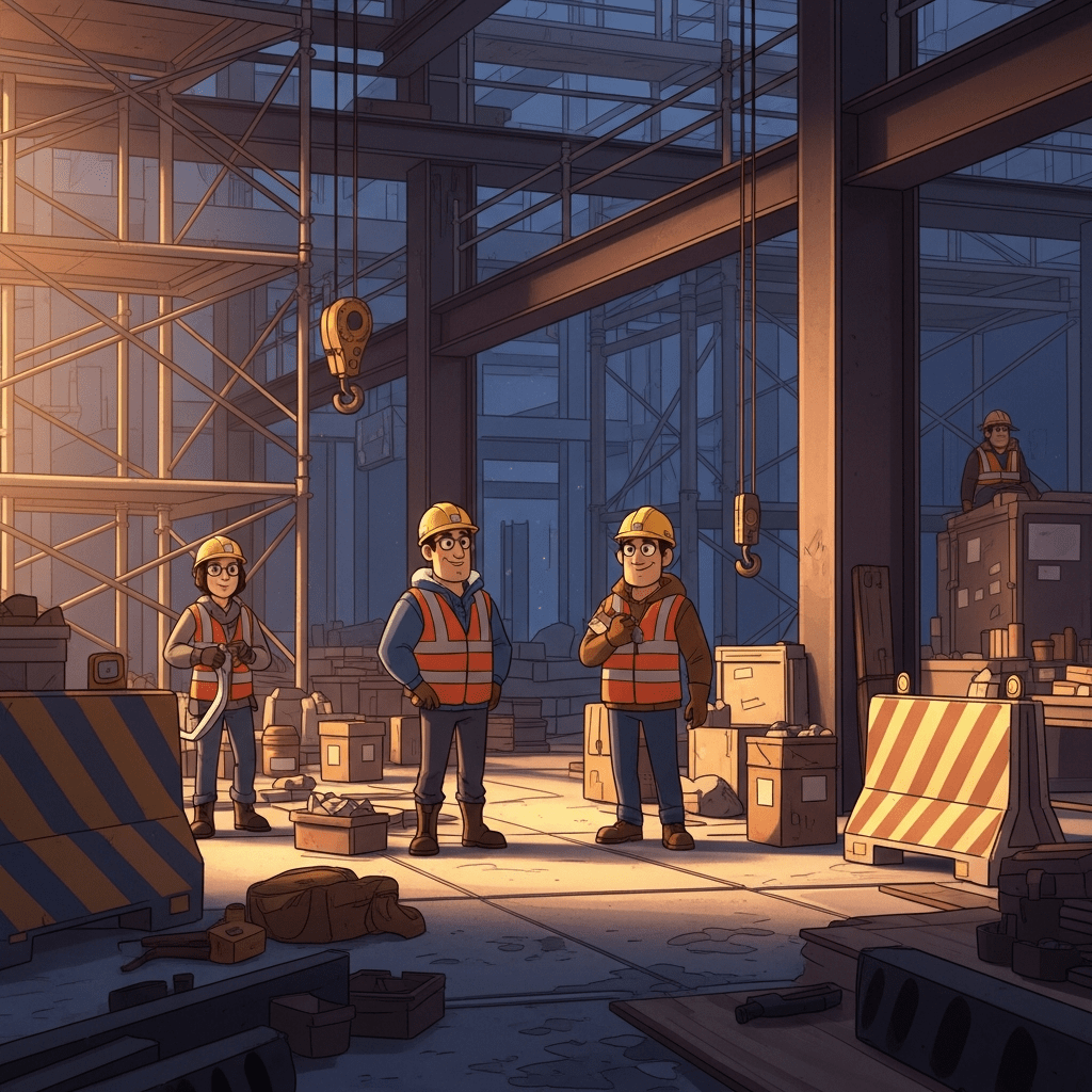 Animated construction crew reviewing site materials and discussing procedures; CyberStockroom supports teams by reinforcing clear SOPs for managing consumable inventory.