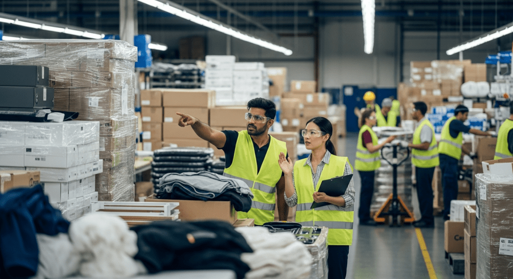 Warehouse staff analyzing finished goods inventory to balance availability and prevent overstock with CyberStockroom inventory management.