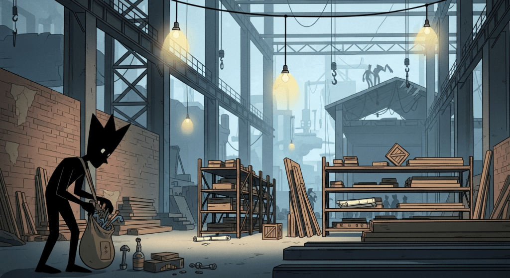 Illustration of inventory theft and unsecured storage, showing how CyberStockroom’s visual inventory map and inventory visibility help prevent theft, loss, and shrinkage.