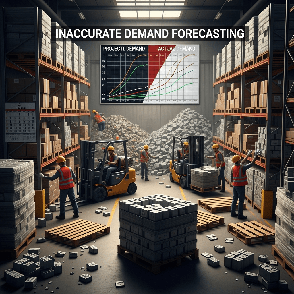 Industrial warehouse filled with excess stock due to inaccurate demand forecasting, illustrating how CyberStockroom’s visual inventory map and inventory visibility help align demand planning with actual inventory levels.