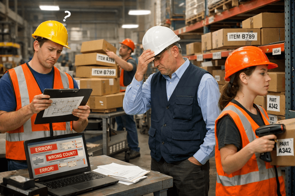 Inventory team struggling with counting errors and unclear processes, illustrating how CyberStockroom’s visual inventory map improves inventory visibility and reduces training gaps.