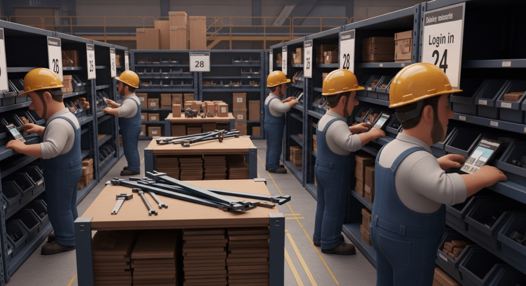 Warehouse staff working efficiently in a well-organized storage area, illustrating how CyberStockroom’s visual inventory map improves inventory visibility and operational efficiency.