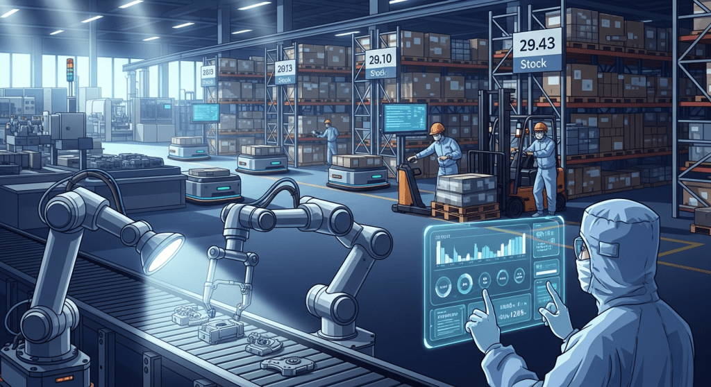 High-tech warehouse environment featuring robotic arms, autonomous carts, and workers handling materials while digital dashboards show inventory and quality data. The image represents the link between inventory management and reliable quality processes, reinforcing CyberStockroom’s role in improving visibility and oversight.