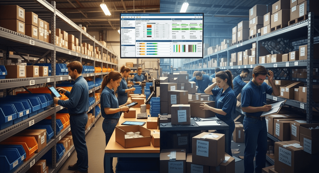 Busy warehouse with teams manually searching and counting stock, illustrating lack of inventory visibility and how CyberStockroom’s visual inventory map helps teams see where inventory lives in real time.