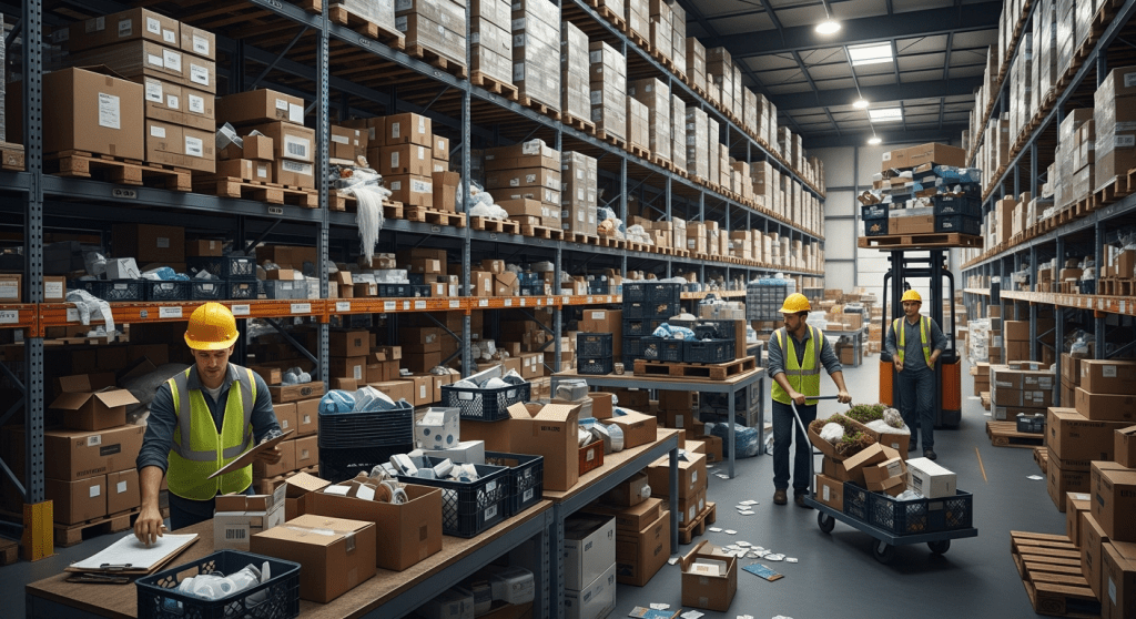 Disorganized warehouse storage with scattered inventory, highlighting the need for CyberStockroom inventory maps to restore inventory visibility and control.