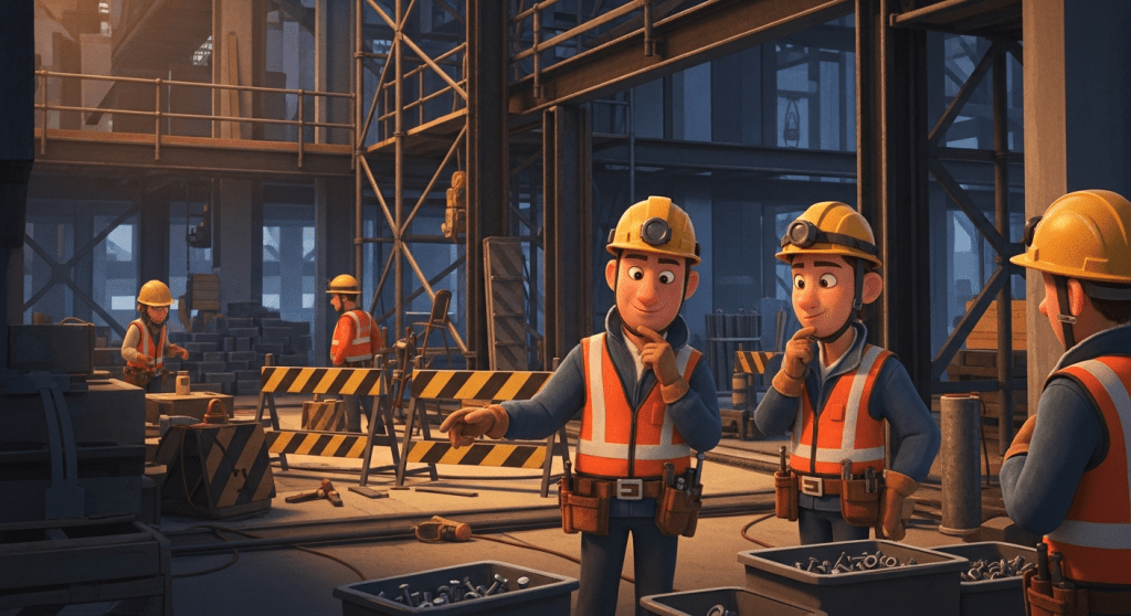Animated construction workers sorting small consumable parts on a busy job site, highlighting how overlooked materials can affect operations; CyberStockroom helps teams track these items across sites.