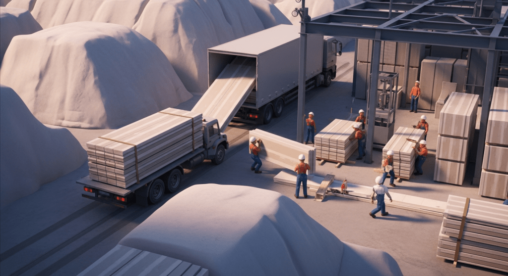 Construction materials being moved from storage to transport, illustrating how CyberStockroom’s visual inventory map helps teams lower inventory holding costs through better inventory visibility.