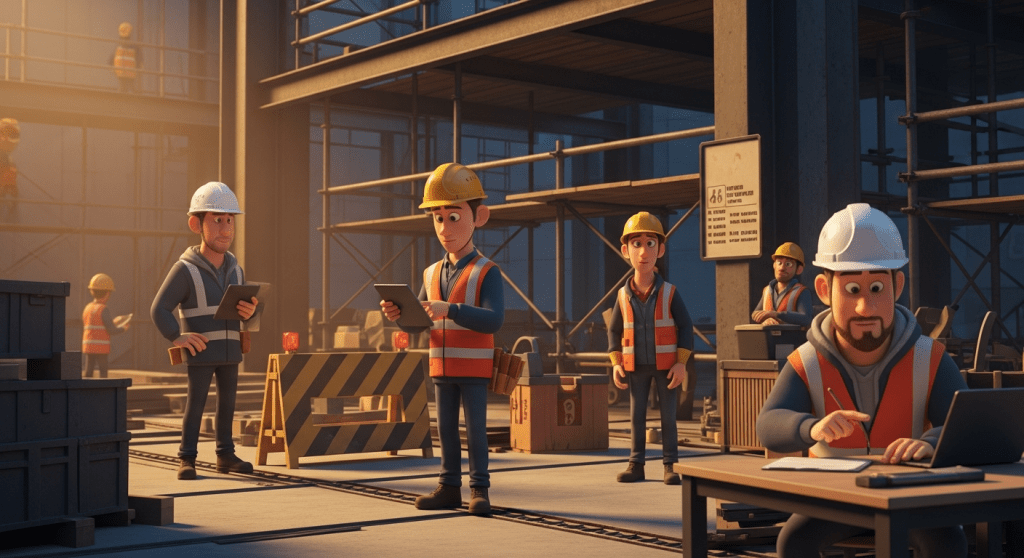 Animated construction workers on a job site using tablets and a laptop to review inventory and material usage. Boxes, tools, and scaffolding surround them as they update records and monitor supply levels. The scene emphasizes the importance of tracking usage rates and setting accurate reorder points. CyberStockroom supports this process by giving teams clear visibility into consumables and when replenishment is needed.