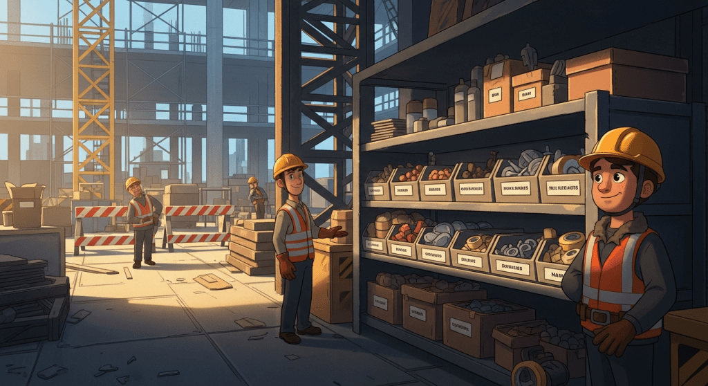 Animated construction scene showing workers arranging shelves filled with clearly labeled bins of bolts, fittings, fasteners, and other consumables. The organized layout highlights the importance of structured storage and proper labeling on active job sites. CyberStockroom supports construction teams by providing visual inventory mapping that keeps materials organized and easy to locate.