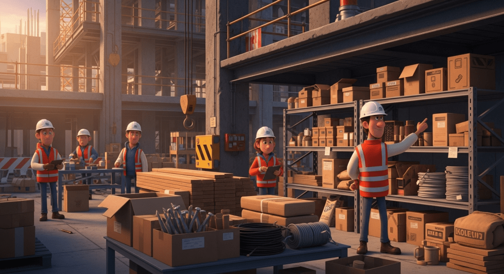Animated construction workers in safety gear reviewing and organizing consumables such as fasteners, cables, and boxed materials in a busy site storage area. Shelving units are filled with labeled supplies, showing how quickly consumables accumulate and become hard to track without a system. CyberStockroom provides visual inventory mapping to help construction teams manage consumables across jobs and prevent shortages or loss.