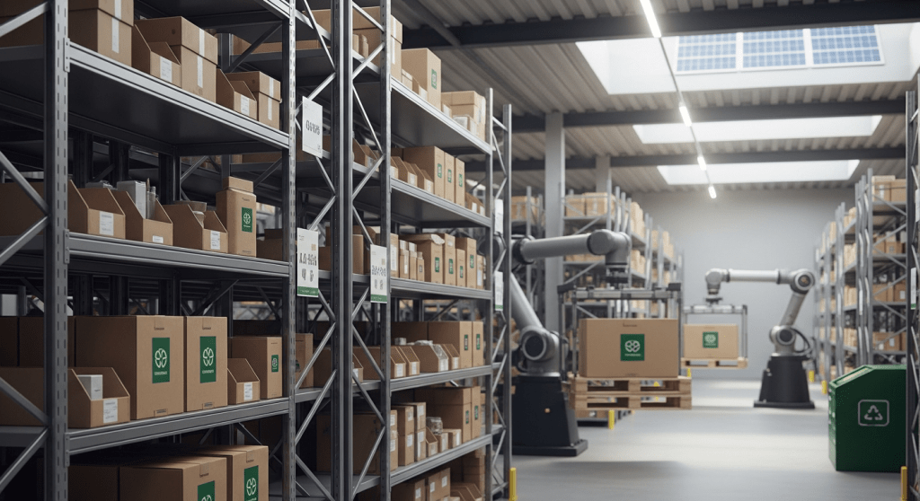 Warehouse with organized shelving and robotic systems handling boxes, highlighting sustainable and resilient inventory workflows supported by CyberStockroom’s visual tracking tools.