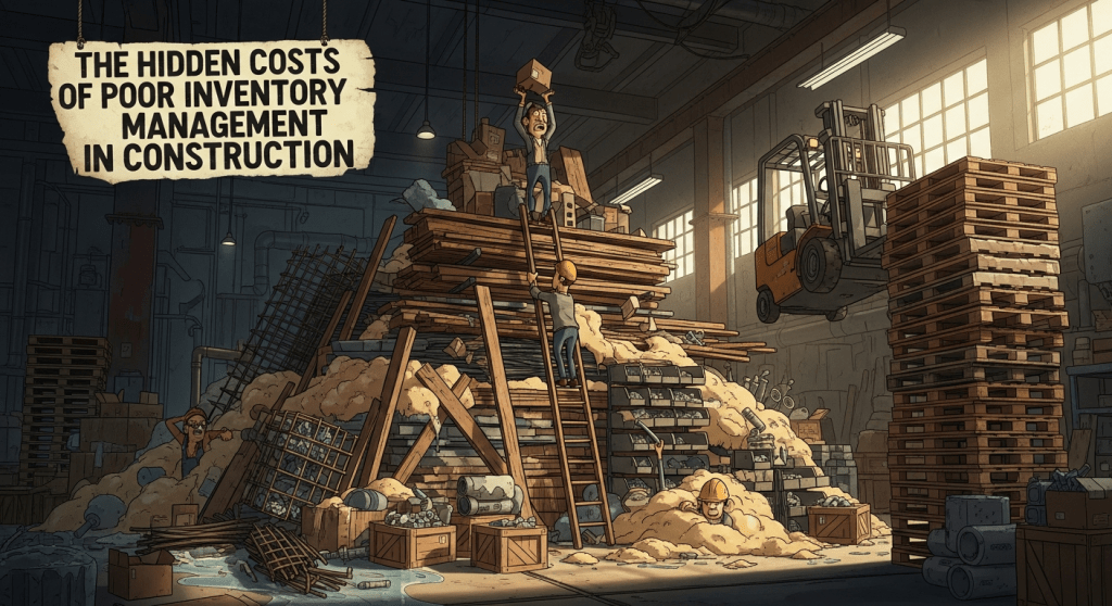 Illustration of chaotic construction inventory with wasted materials and labor, illustrating the hidden costs of poor inventory management and how CyberStockroom’s visual inventory map restores inventory visibility.